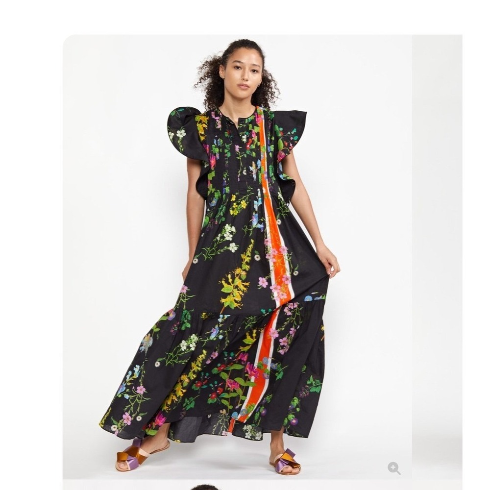 Cynthia Rowley Nairobi Maxi Dress $460 Med Kaftan Black Floral Cotton